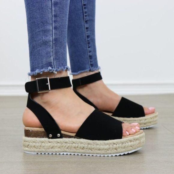 Shoes - Black Espadrille Platform Comfort Sandal